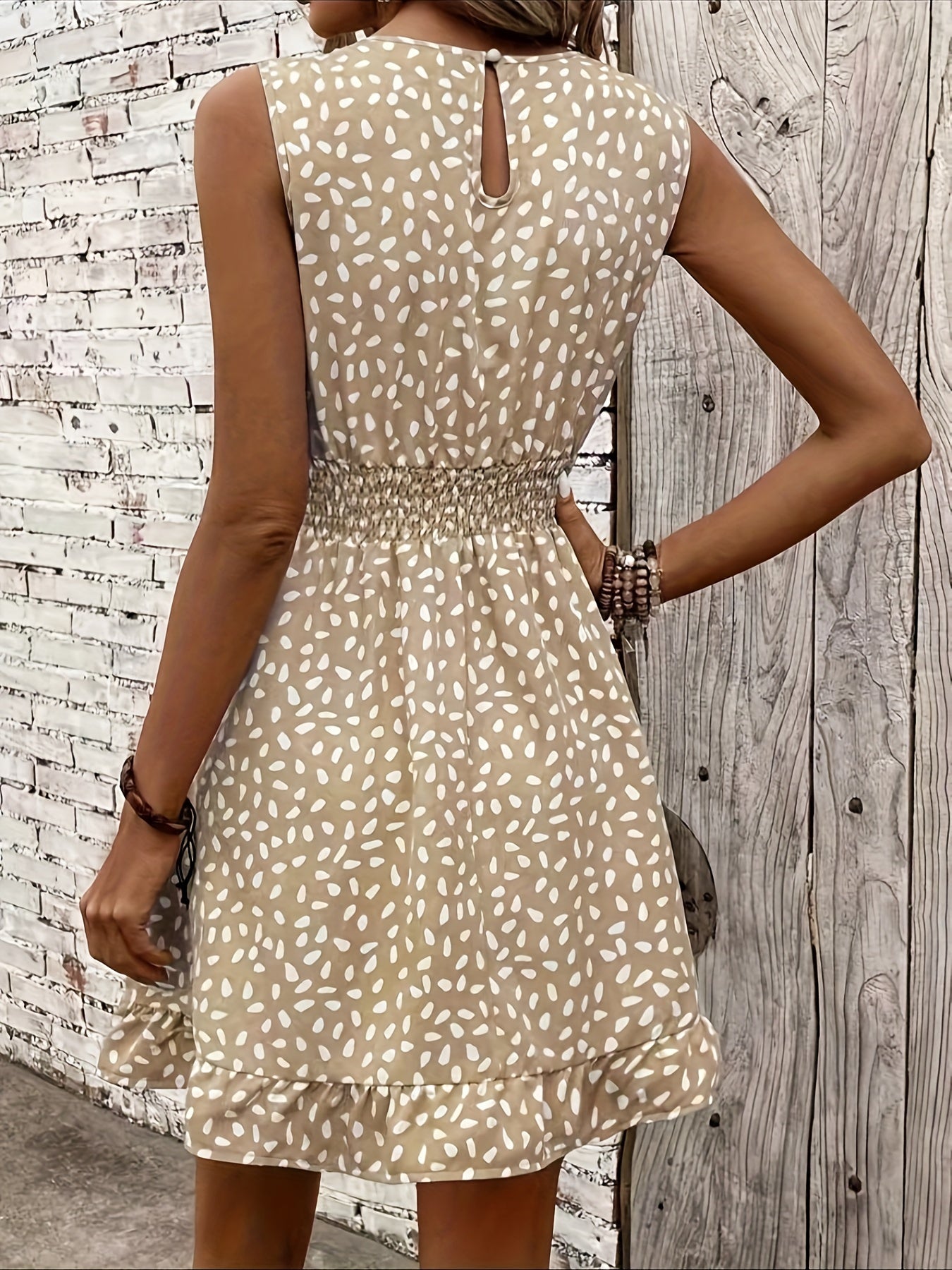 Allover Print Crew Neck Tank Dress, Elegant Shirred Waist Ruffle Hem A-line Dress For Spring & Summer, Women's Clothing